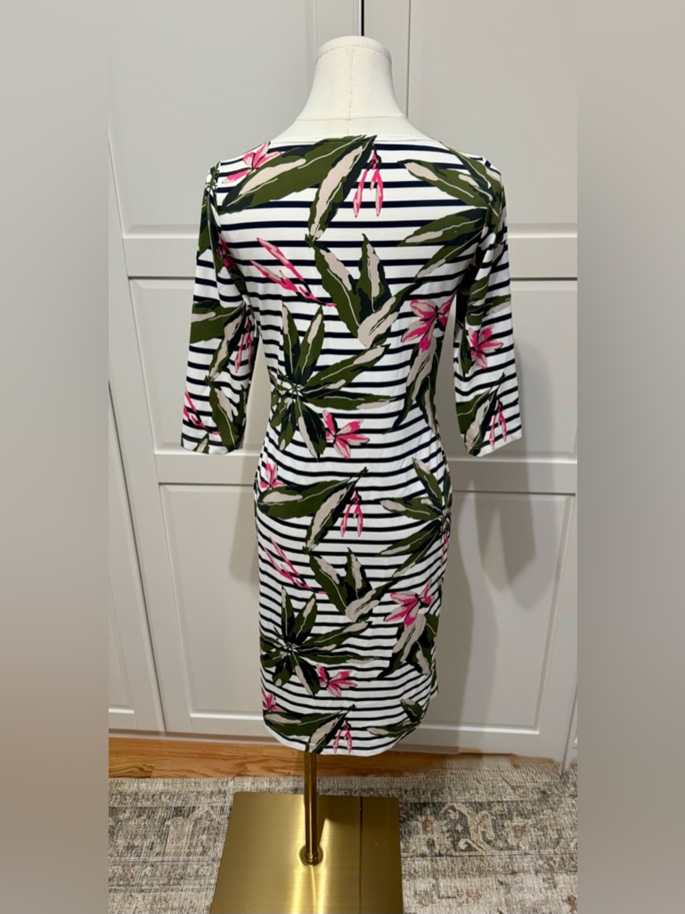Saint James White and Black Striped Floral Midi Boatneck Bodycon Dress Size:4 - Picture 4 of 7